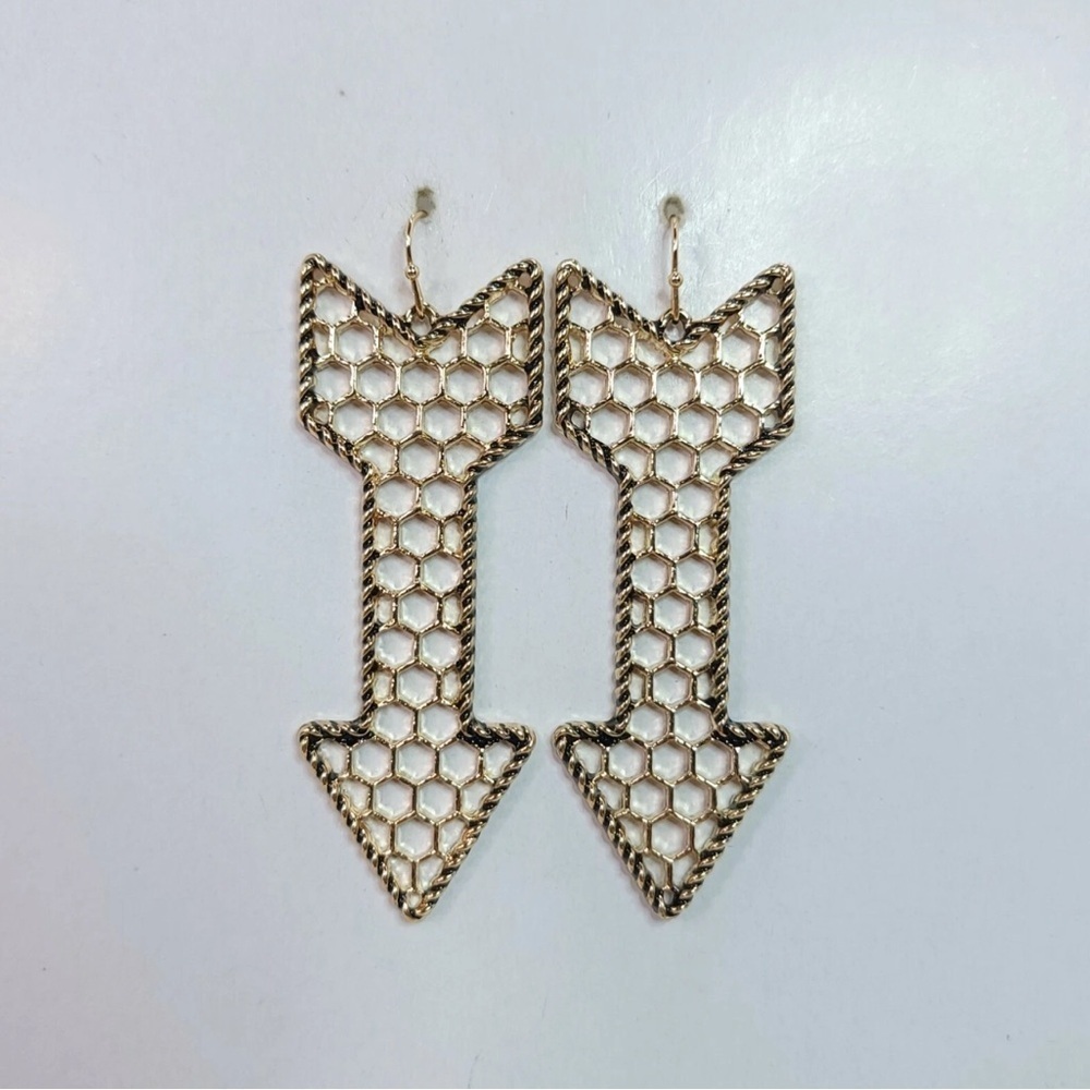 Gold Tone Honeycomb Arrow Dangle Earrings - Picture 7 of 8